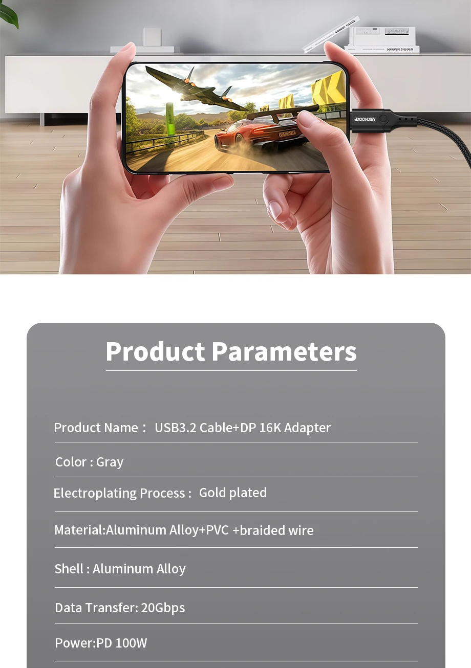 USB 3.2 Cable with DP Adapter - 2-in-1 16K 60Hz Type-C 20Gbps Data Transfer 8K PD 100W Full-Featured Cable with DP Adapter