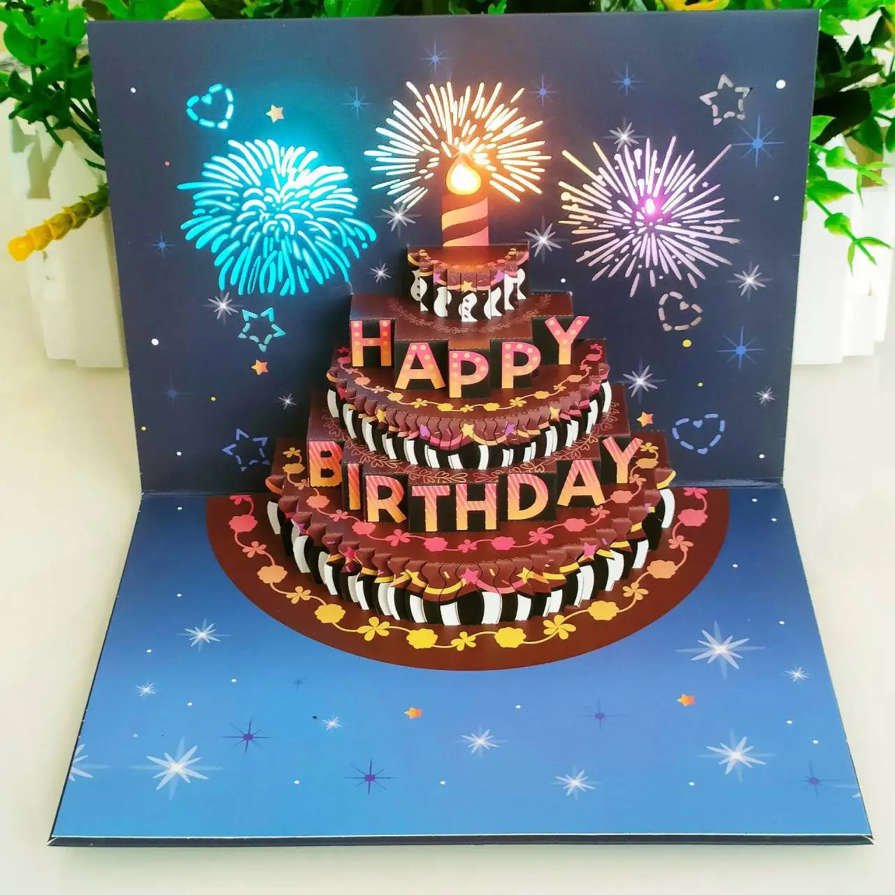 New Model 3D Pop-up A5 Size Happy Birthday Card with LED Lights