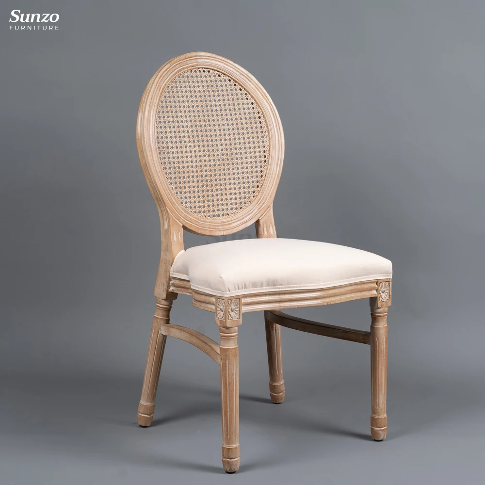 Antique Color Fabric Armrest Rattan Louis Chair Solid Rubber Wood Dining Arm Wedding Event Stacked Chair