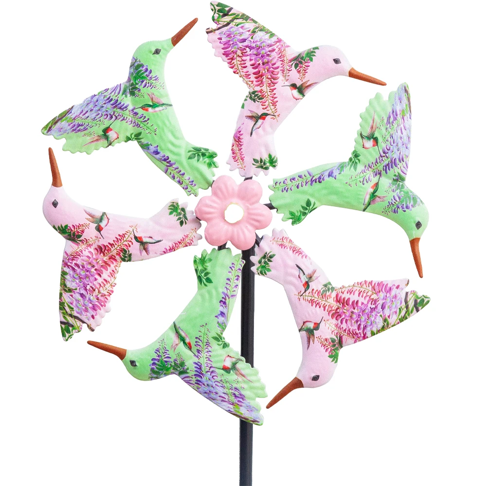 Hummingbird Wind Spinner Stake Outdoor Metal Windmill Kinetic Windmills Catchers 3D Painting Garden Decorations
