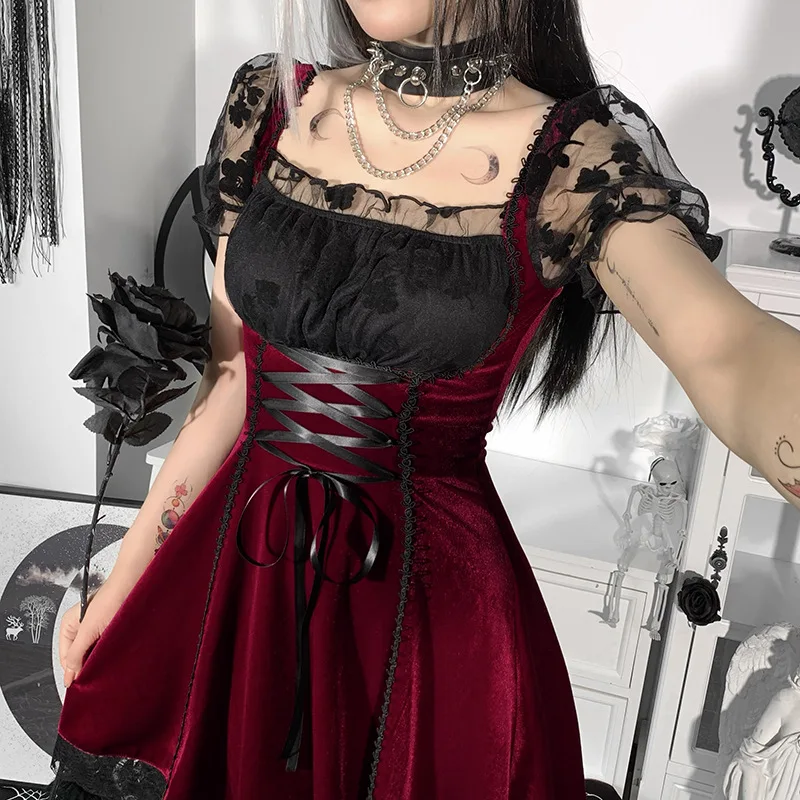 ZVBW Gothic Vintage Velvet Corset Dress Aesthetic Punk Hight Waist