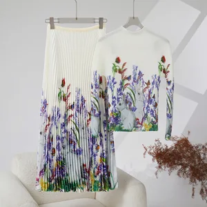High Quality Casual Women's Fashion Set Pleated Skirt and Stretch Printed Top Long Elegant Miyake Two-Piece