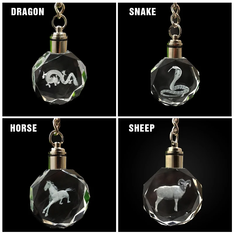 Feng Shui Features Led Crystal Keychain Chinese Zodiac Animal Dragon Snake Horse Sheep
