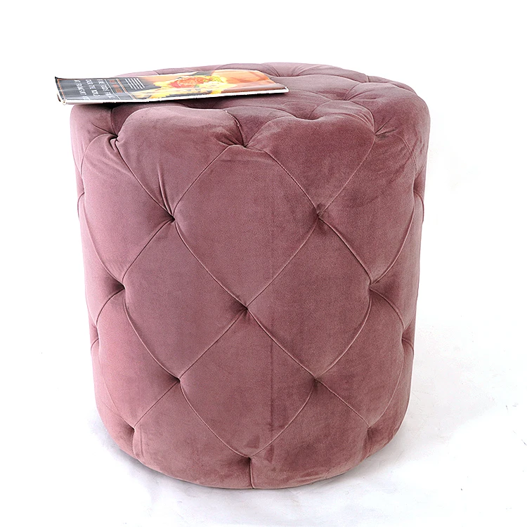 Customized Nordic Style Grey Modern Storage Ottoman Round Velvet Footrest Stool Pouf Seat