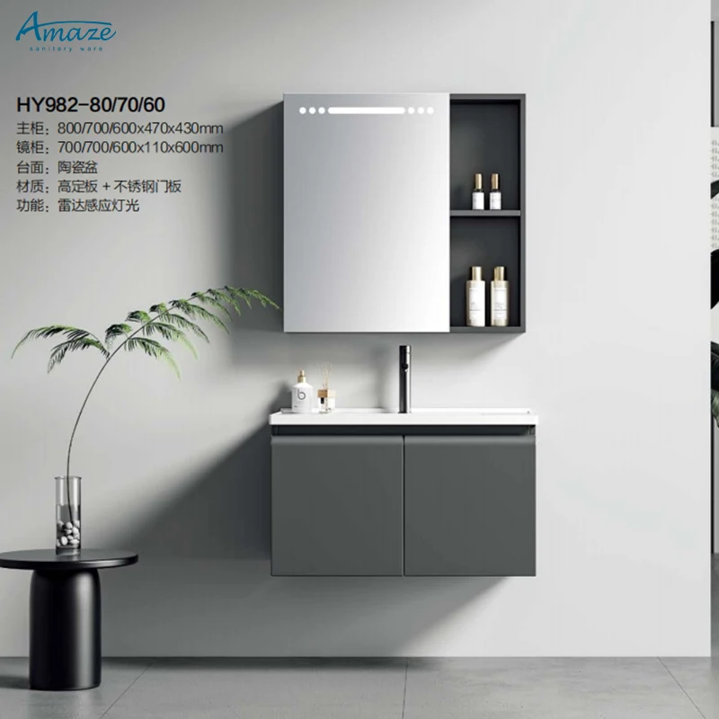 Modern solid wood bathroom furniture wall mounted double deck bathroom cabinet vanity with sink details