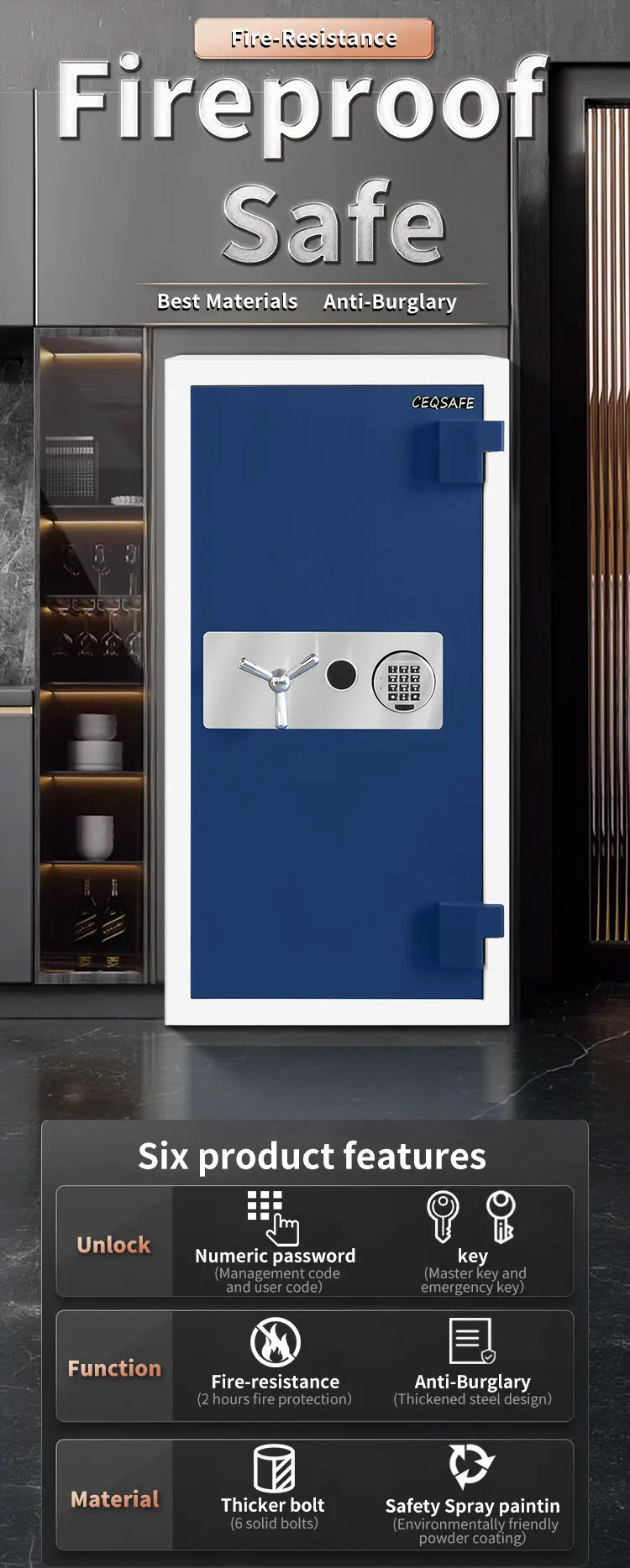 CEQSAFE High Quality Fireproof Digital Password Electronic Safe Box Smart Security Automatic Home Safes supplier