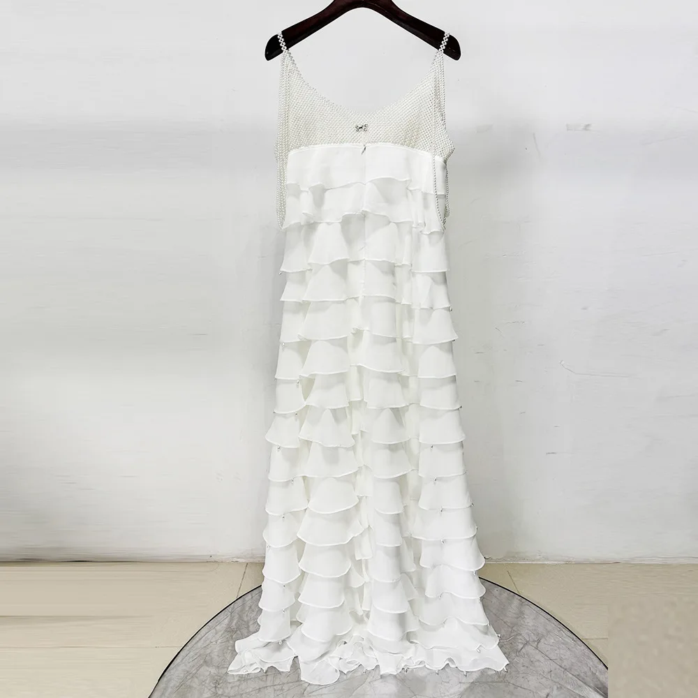Elegant White Beaded Pearl Chain Strap Tiered Chiffon Maxi Dress Ruffled Evening Party Dresses With High Slit