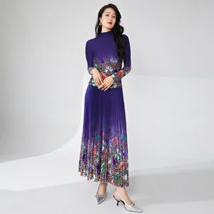 Women's Elegant Pleated Set Gradient Floral Top and A-Line Midi Skirt Fashionable 2-Piece Set for Summer Casual Polyester Fabric