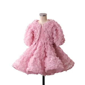 Customizable High Luxury Winter Girls Clothing Set Flower Girls Coats Sleeveless Pink Ball Grown Party Dresses Two Pieces Sets