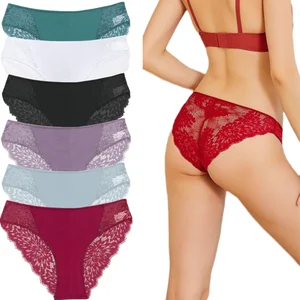 Women's Comfortable Lace Low-Rise Bikini Underwear Transparent Sexy Solid Pattern Knitted Waist Lining Hole Quick Dry