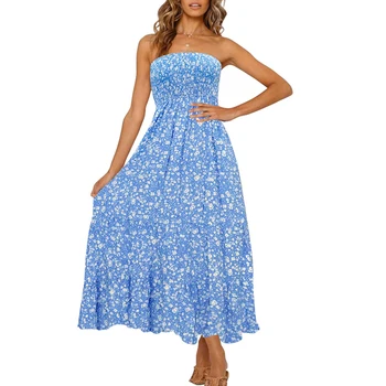 Women Lady Elegant Strapless 2024 Summer Modest Evening Dress Floral Printed Dresses Beach Party Long Custom Dress