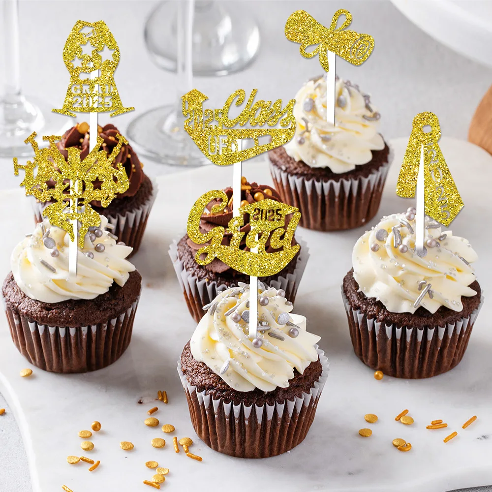 24 Stück Abschluss Cupcake-Deko Mit Glitzer | Motiv: Diplom & Abschlussklasse 2025 - Für Mottopartys