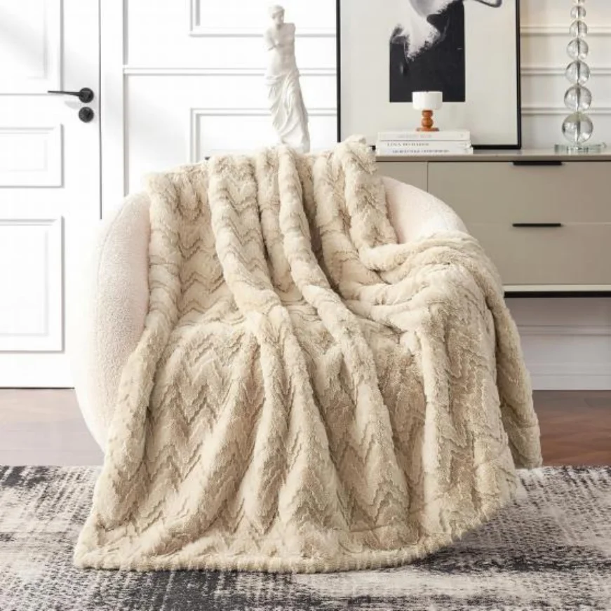 100% Polyester 3D Jacquard Rabbit Fur Blanket Double Size Flannel Fleece for Bed Sofa Knitted Home Travel Japandi Living Decor