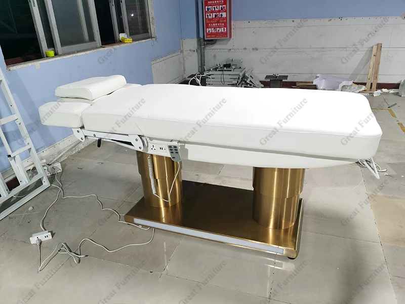 White Leather Gold Round Base Beauty Salon Eyelash Bed 3/4 Motors Electric Spa Equipment Massage