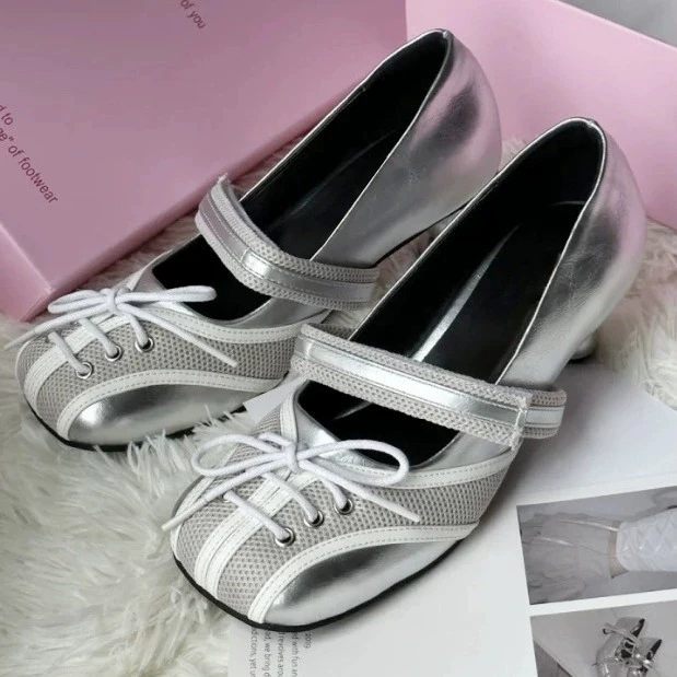 Silver Ballet Sports Style Outdoor Mary Jane Casual Shoes Girls Square Toe Thin High Heel For Women - Image 3