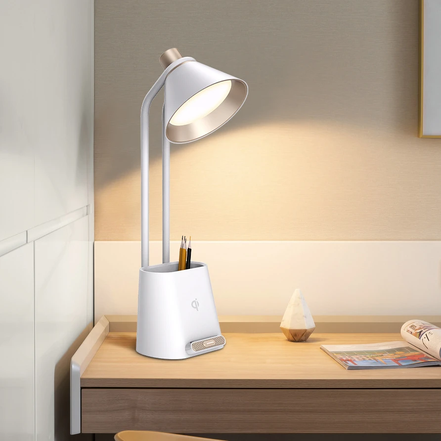 Table Lamp with Wireless Charger Light with Pen Holder 3 Grade Brightness Dimmable Desk Lamp for Children Kid Adult Study Work
