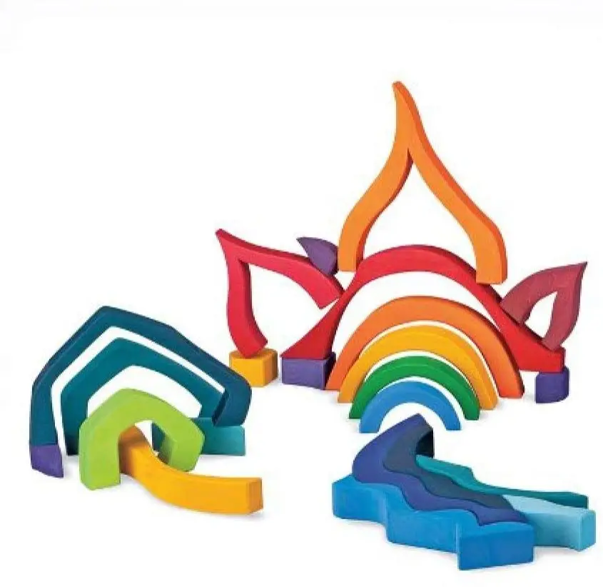 Wooden Rainbow Building Blocks Kids Educational Toys Large Four Elements Building Set Wooden Blocks With Storage Tray