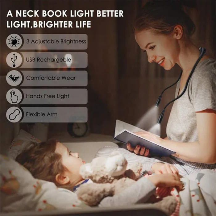 Hot selling U-shaped 4 led Neck Hug light USB Rechargeable LED Flexible Hug light Neck Reading Book lamp