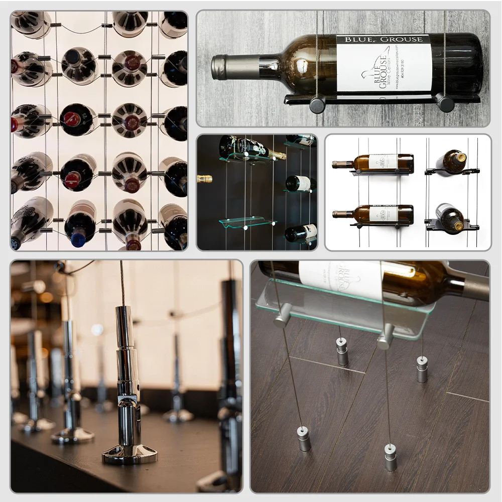 Customized Display Floating Cable Wine Rack  with clear Glass Cradles and Silver Clips Wine Bottle Rack Display Wine Storage