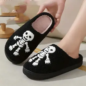 Customized Pattern Embroidery Winter Warm Fluffy Fur Slippers for Women Men Thermal Plush Fleece Home House Christmas Slippers