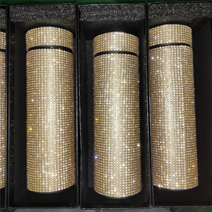 Stainless Steel Refillable Thermal Temperature Display Smart Led Insulated Bottle Bling Diamond Leopard Water Bottle