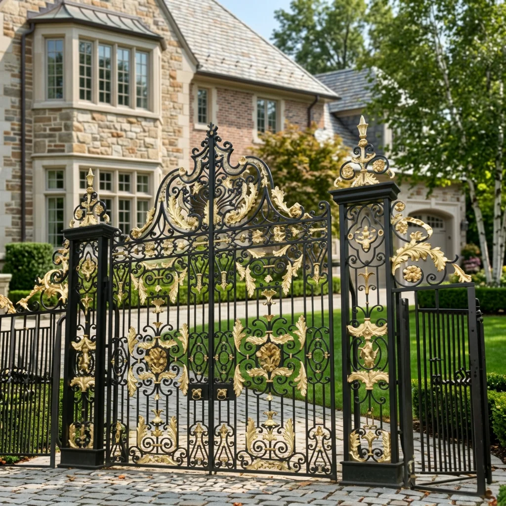 Elegant Spire Top Wrought Iron Automatic Fancy Swing Gate Graceful Pattern for Hotel Park Use Modern Design Durable Construction