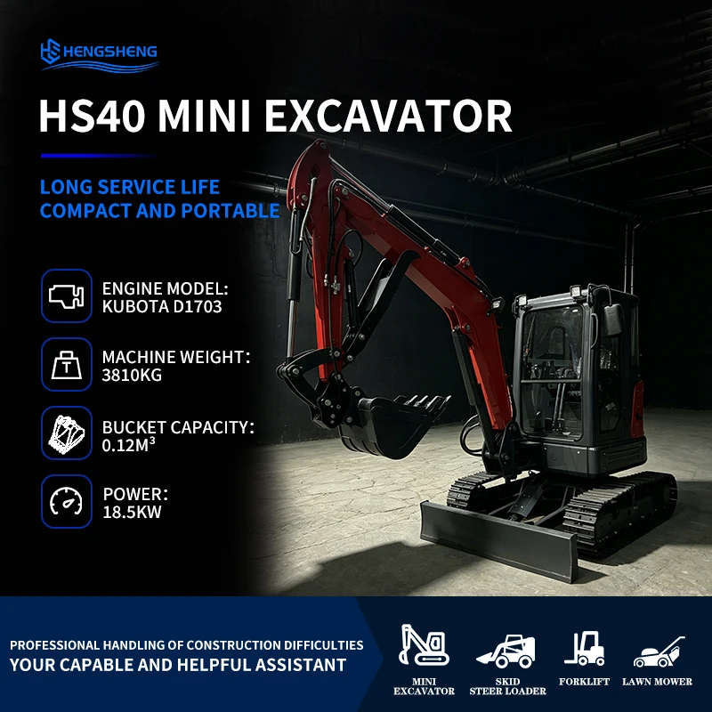 Durable EPA/CE/EU HS-40 Mini Digger Kubota D1703 Boom Swing 65° Trenching Stump Removal Dozer Blade Diesel Excavator EPA4