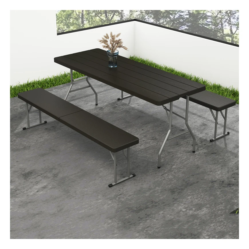 Simple Rattan Pattern Plastic Desk and Beer Bench Folding Table and Chair 180cm Plastic Folding in Half Table and Bench Set