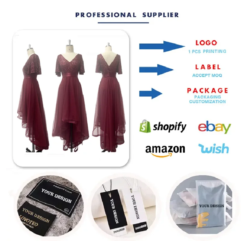 TW00090 Trendy Bridesmaid Dress V-neck A-line Fluffy Chiffon Irregular  Short Sleeve Elegant Evening Dresses Sequin Prom Dresses