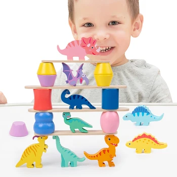 2024 New Product Wooden Dinosaur Building Blocks Toy Animal Shape Color Cognitive Stack Balancing Educational Toys For Children