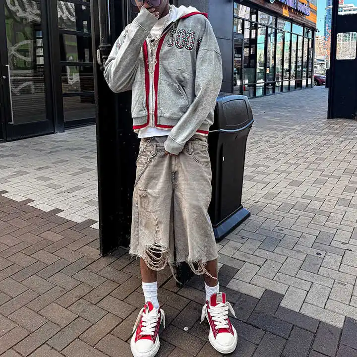 Wholesale Custom Streetwear Double 3 Zipper Acid Wash Vintage Baggy Boxy Rhinestone Triple Layer Zip up Hoodie for Men gallery 2