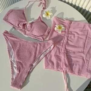 Designer Custom Women's Three-Piece Push Print Swimwear Set Solid Circular Ring Beachwear Modest Swimming Dress Bikini Wrinkle