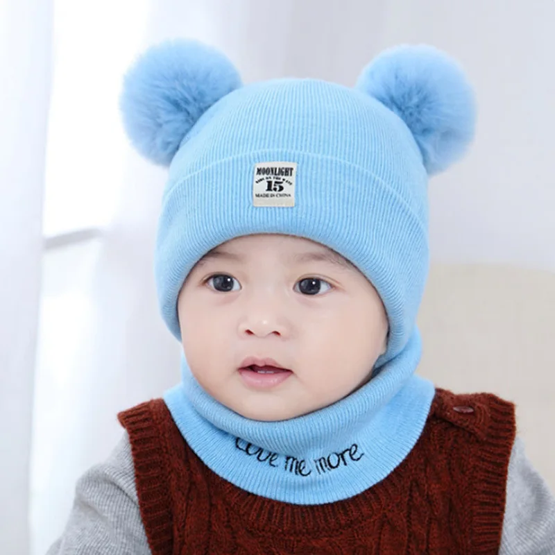 Children's Knitted Hat & Scarf Set Letter Patch Plush Thickened Warm Winter  With Pom Pom For Girls And Boys - Temu Bahrain