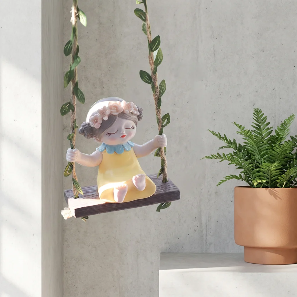 Wholesale Roogo Art Deco Cute Resin Wall Hanging Waterproof Swing Girl Ornaments Garden Micro Landscape Kawaii Home Decor