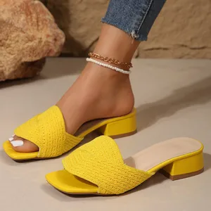 QuiteS 2026 New Hot Sales Mid-Heeled One-Line Fly-Knit Design Sandals Sexy Chunky Heels Casual Summer Shoes for Women