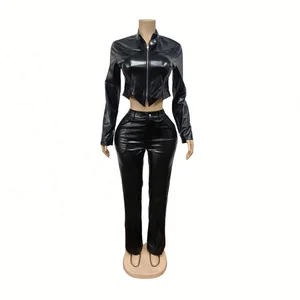 Dropshipping 2026 Wholesale Clothing Woman S-2XL Pu Leather Club Wear Two Piece Women's Sets