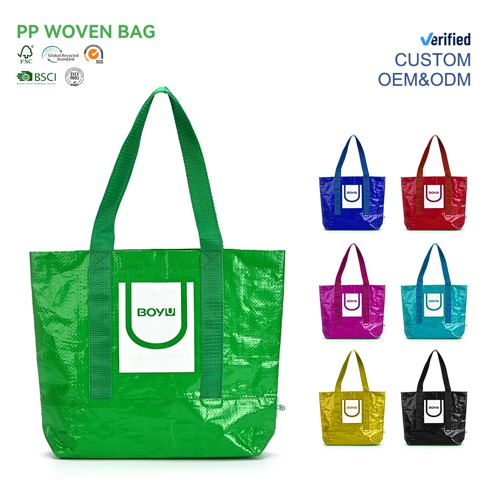 Custom Recycled Plastic pp Woven Shopping Tote Bag With logo Laminated Waterproof Reusable Eco Friendly Grocery Bag