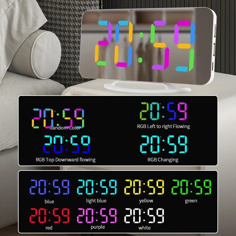 Big Display Digital Clock RGB Color Font with Two USB Ports Charging Travel LED Mirror Alarm Clock for Bedside