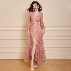 ZYHT 73924 OEM ODM Customize Factory Sequin Pink Lace Ruffle Long Sleeve V Neck High Slit a Line Maxi Dress