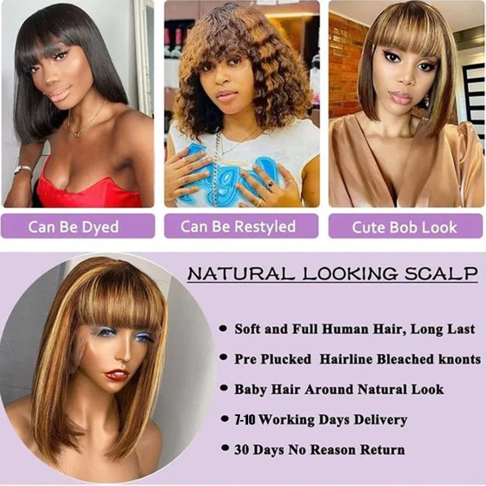 180 Density Full Machine Wigs Highlight Brown Colored Bone Straight Human Hair Bob Wigs 4 27 Human Hair With Bangs For Women_voghion.com