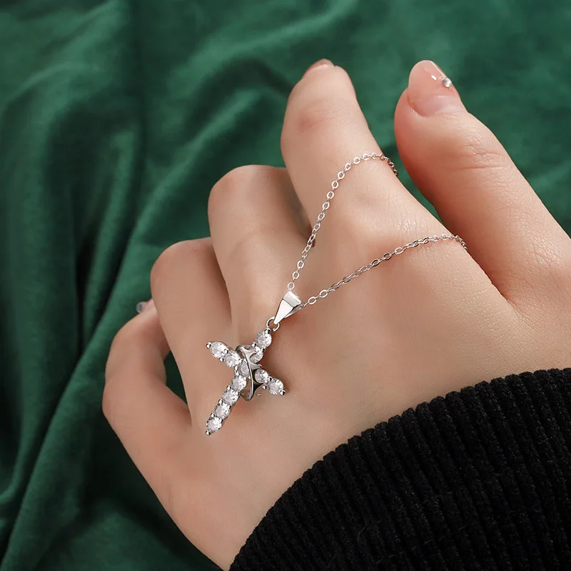 Rotating Dainty S925 Sterling Silver Cross Crown Pendant Charm Clavicle Chain Zircon Fine Jewelry Necklace for Women