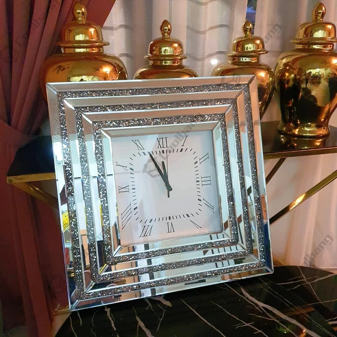
Квадратные блестящие алмазные кристаллы, серебряные зеркальные 3D большие настенные часы 50x50 см 