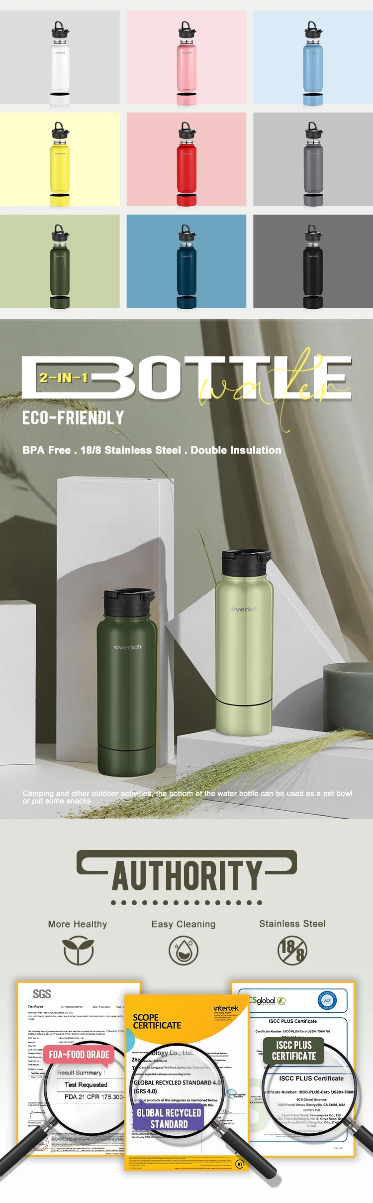 Everich Insulated Water Bottle - 32oz Double Walled Stainless Steel