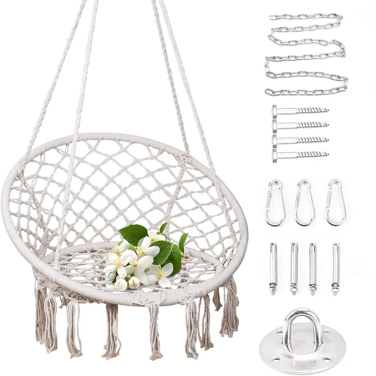 Белые Подвесные качели для веранды ручной работы, хлопковая веревка, круглый стул-гамак, уличное и внутреннее кресло