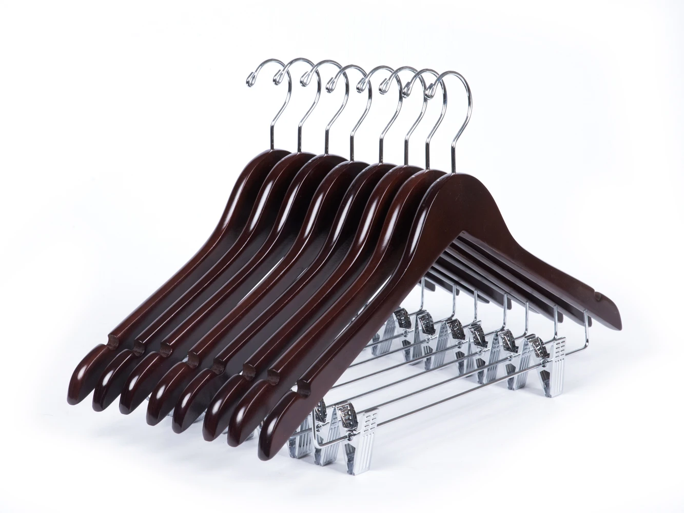 High Quality Custom  Clips Walnut Wooden Cloths Hangers with Chrome Hook