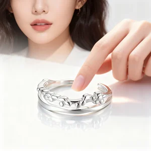 Silver Adjustable Open Ring Women Unique Double-Layer Floral Geometric Bead Design Minimalist Fashion Jewelry