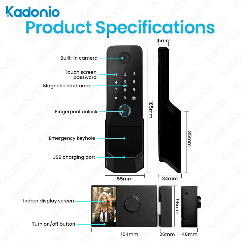 Kadonio WIFI Control Automatic Fingerprint Password Keyless Camera Door Bell Digital Smart Rim Lock With Display Screen