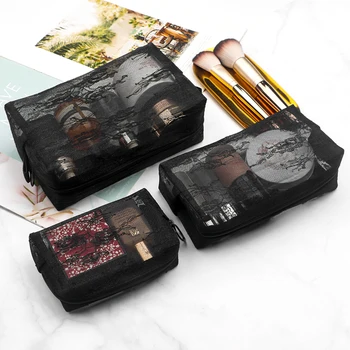 Sexy Lace Makeup Bag for Women Large Capacity Transparent Cosmetics Storage Bags Black Zippered Lace Makeup Bag