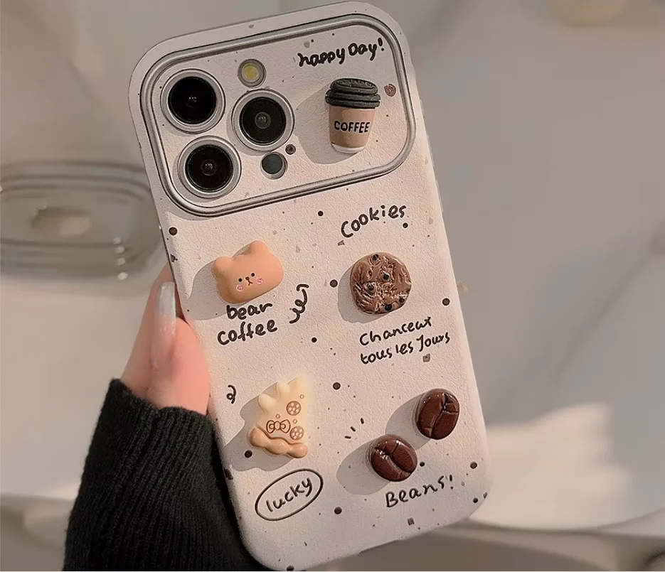 Splash-ink 3D Coffee Bear Handmade  Phone Cover Electroplated Frame Big Window Cell Phone Case for Iphone 16 15 14 13 12