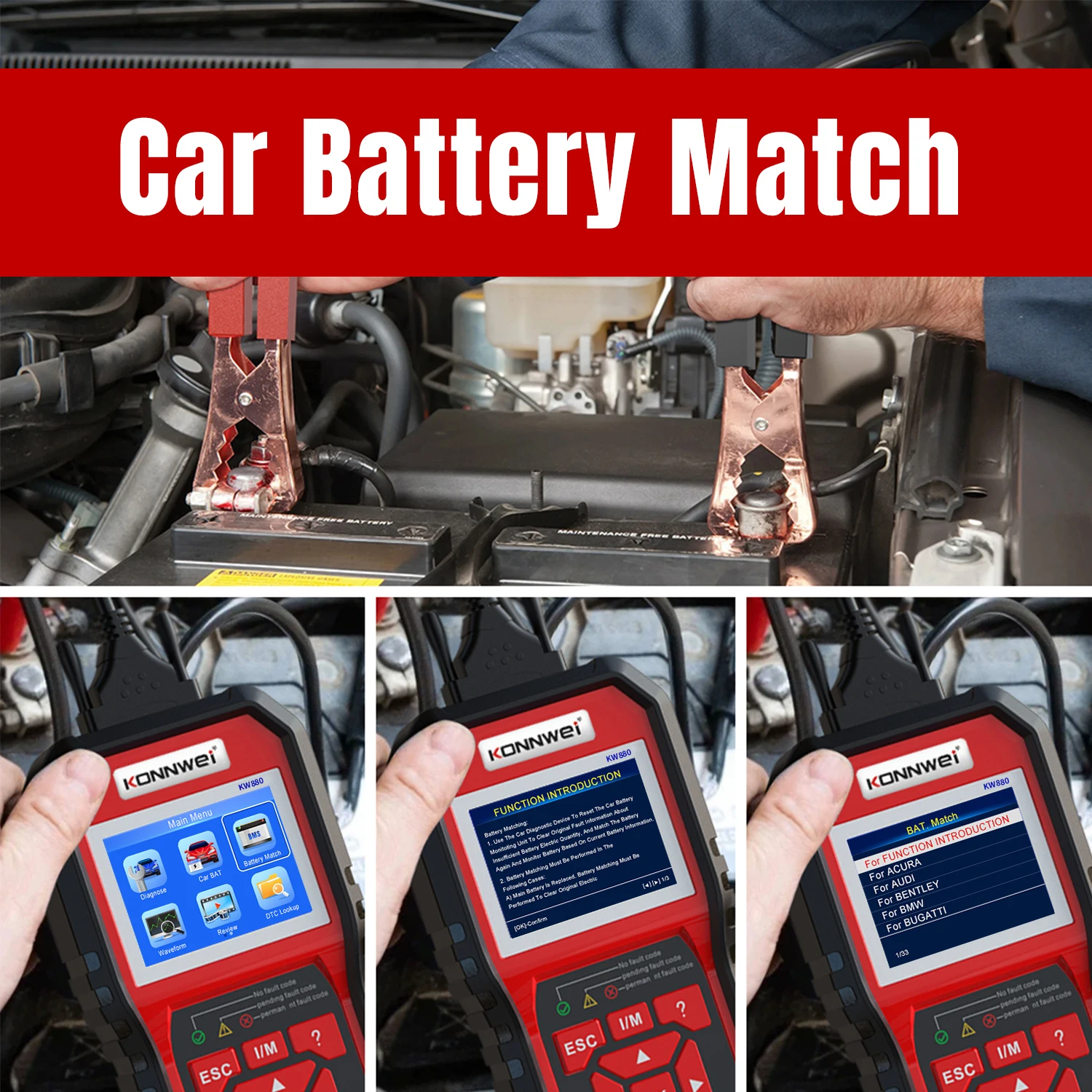TOP 1 Scanner Diagnostico Multifunzione KONNWEI KW880 con Reset Batteria, Strumento di Scansione OBD2 con Abbinamento Batteria
